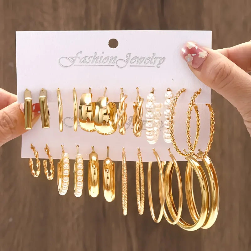 24 Pcs Fashion Vintage Hoop Earrings Set for Women Boho Metal Circle Geometric Twist Pearl Studs Earrings Trendy Jewelry Gifts
