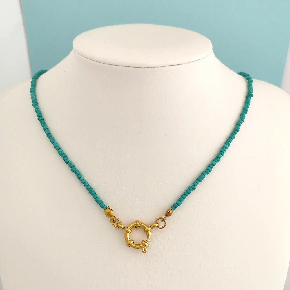 QMHJE Imitation Pearl Necklace Women Choker Seed Beads Rainbow Stainless Steel Clasp Sailor Buckle Base Chain Gold Color Boho