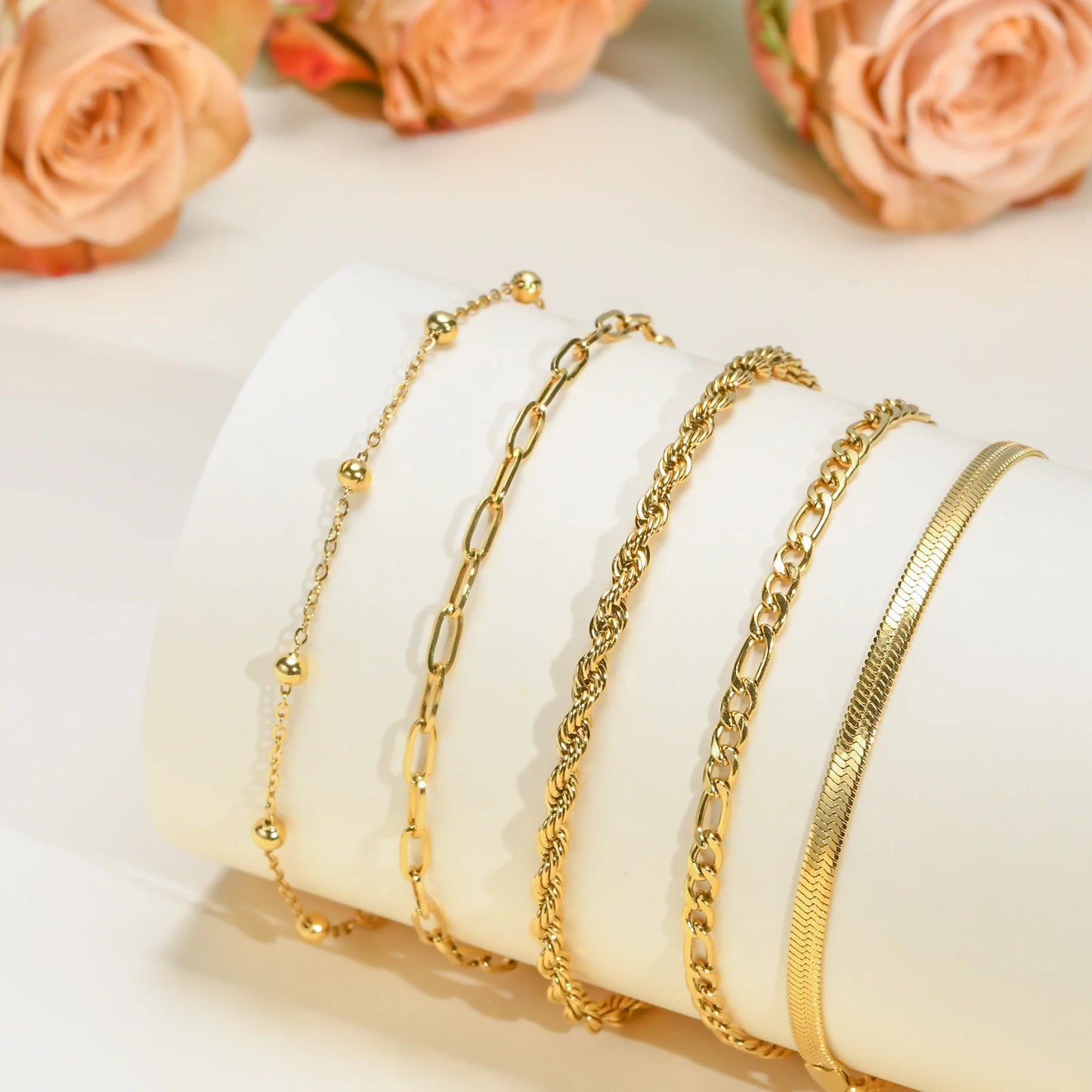5PCS/Set Women Gold/Silver Color Bracelets,Stainless Steel Lady Geometric Fashion Charm Chain,Multi Layers Dainty Girl Jewelry
