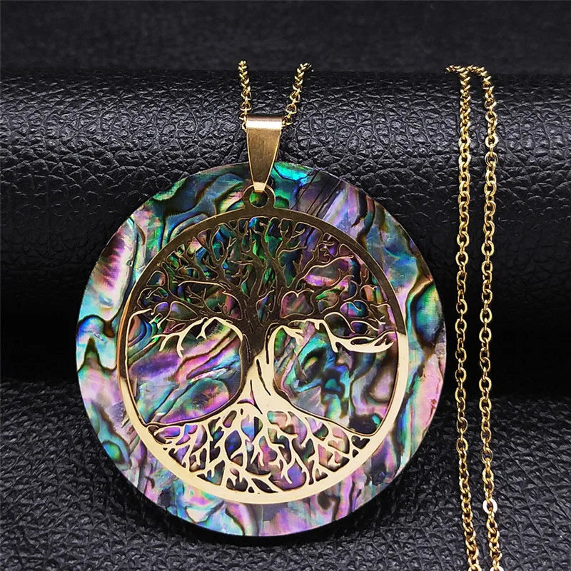 Tree of Life Stainless Steel Abalone Shell Natural Necklace Chain Gold Color Necklaces Mother Pearl Shell Boho Jewelry collar NX