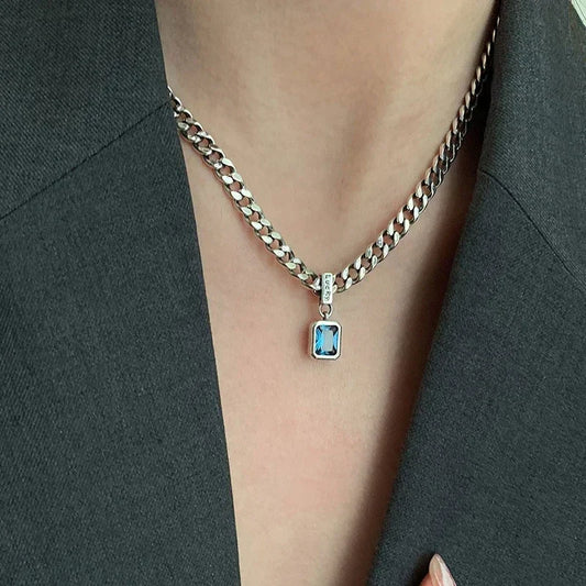 Personality Square Blue Zirconia Necklace Cuban Type Choker Matching Party Fashion Exquisite Women's Jewelry