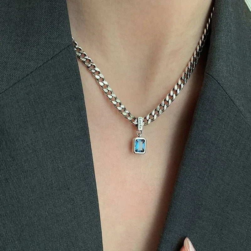 Personality Square Blue Zirconia Necklace Cuban Type Choker Matching Party Fashion Exquisite Women's Jewelry