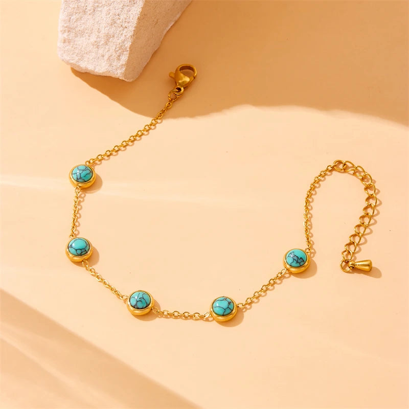 DIEYURO 316L Stainless Steel Round Turquoise Necklace Bracelet Earrings Suit For Womens 2024 New TrendNon-fadingjewelry Set