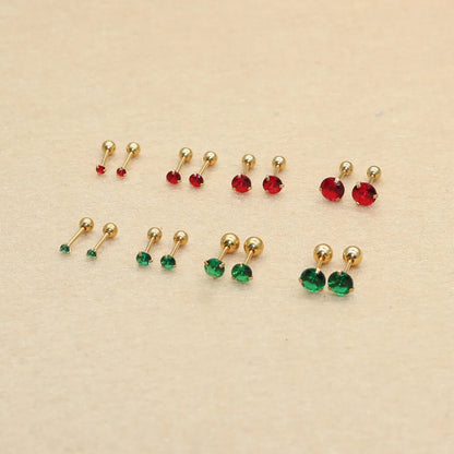 Size From 2mm to 5mm Stainless Steel Green Red Color Round Stond Screw-Back Stud Earrings  No Fade Allergy Free Brief Jewelry