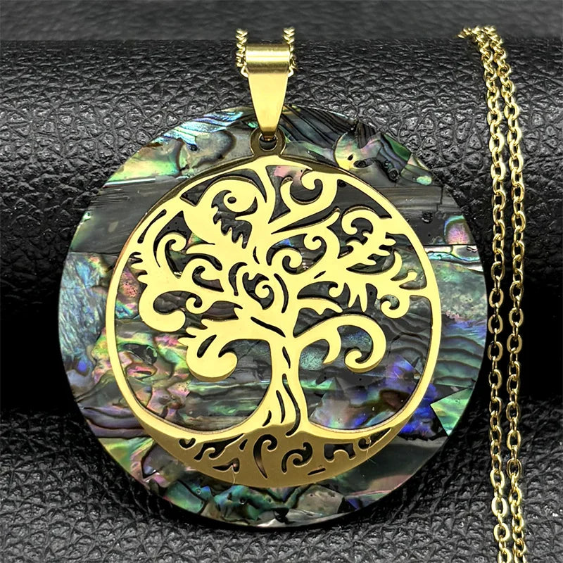 Tree of Life Stainless Steel Abalone Shell Natural Necklace Chain Gold Color Necklaces Mother Pearl Shell Boho Jewelry collar NX