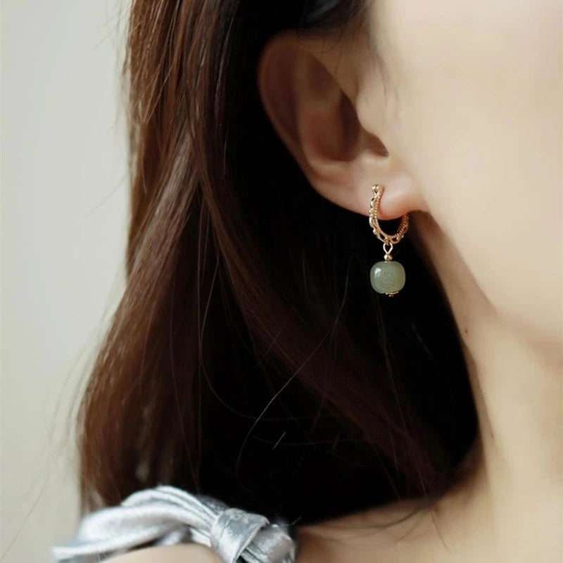 VENTFILLE Gold Color Hetian Jade Earrings for Women Green Round Jewelry Girls Gift  Dropshipping Wholesale