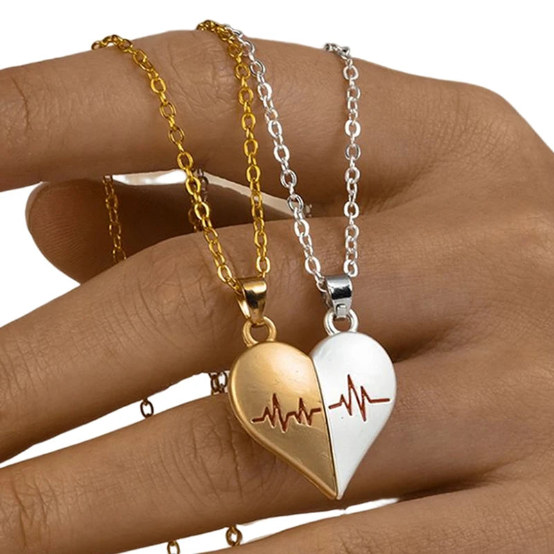 2Pcs Electrocardiogram Couple Necklaces for Lovers Boys Girls Stainless Steel Magnetic Heart Pendant Jewelry Valentines Day Gift