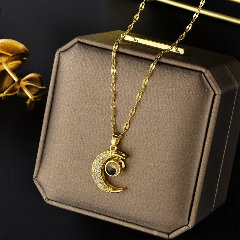 Trendy 18K Gold Plated Zircon Crystal Pendant Stainless Steel Necklace For Women Female Clavicle Chain Jewelry Lady Accessories