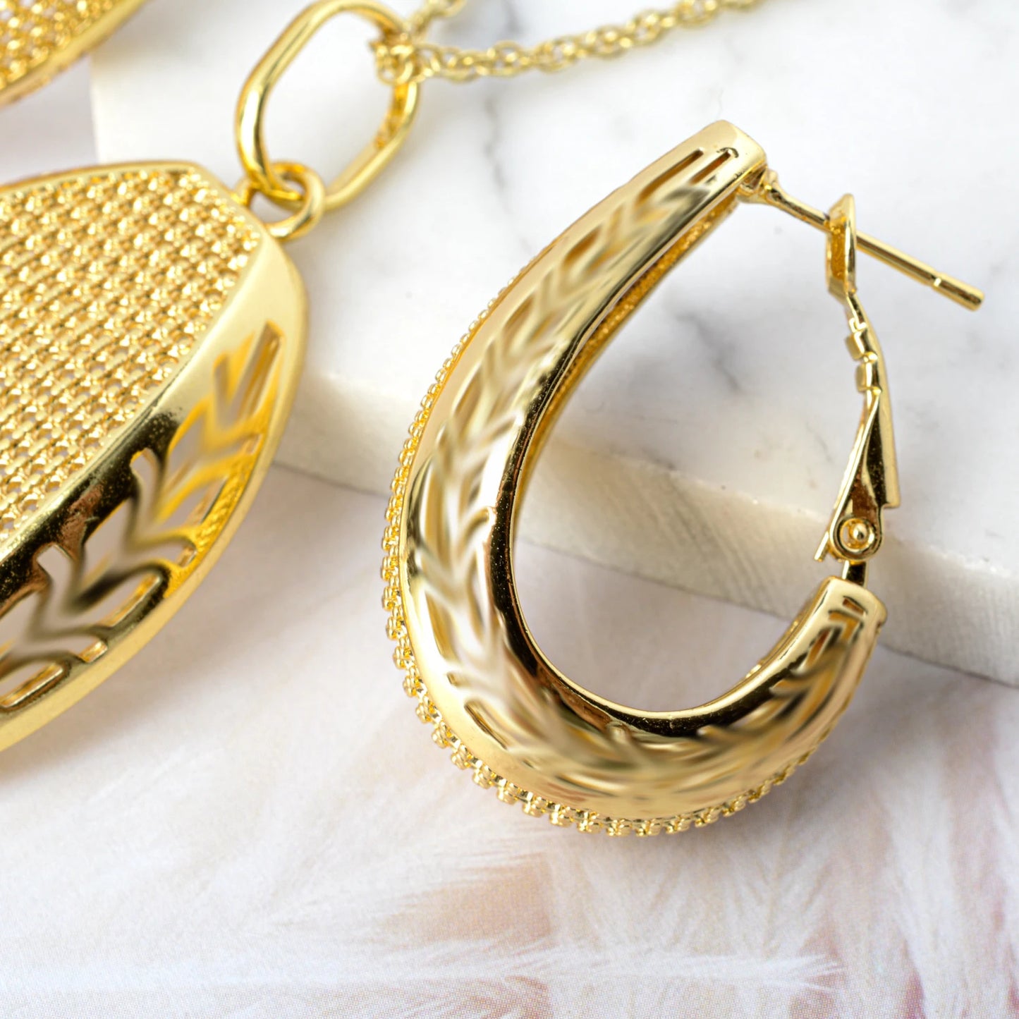 Dubai Turkey 18K Gold Plated 2pcs Set Copper Pendant Necklace Earrings Set Jewelry Accessories Bridal Wedding Gifts