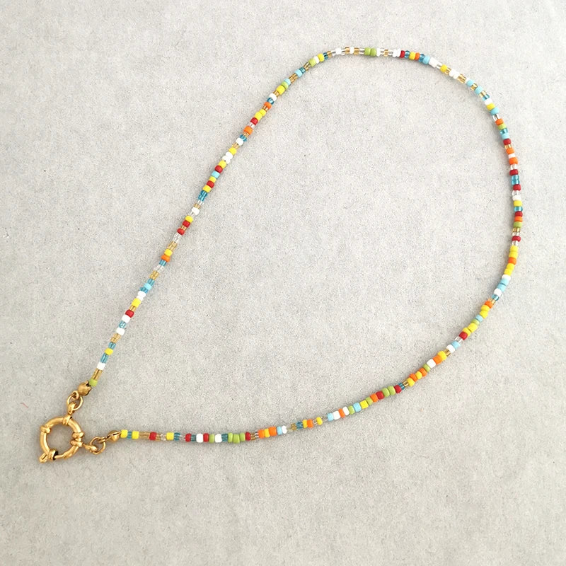 QMHJE Imitation Pearl Necklace Women Choker Seed Beads Rainbow Stainless Steel Clasp Sailor Buckle Base Chain Gold Color Boho