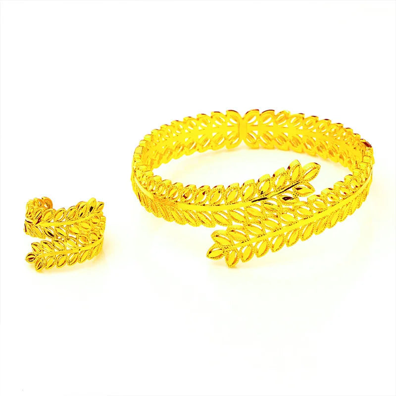 Dubai Gold Color Jewelry Sets for Women Exquisite Leaf Wide Bangle Bracelet & Ring 2 pcs Set Wedding Bridal Accessories