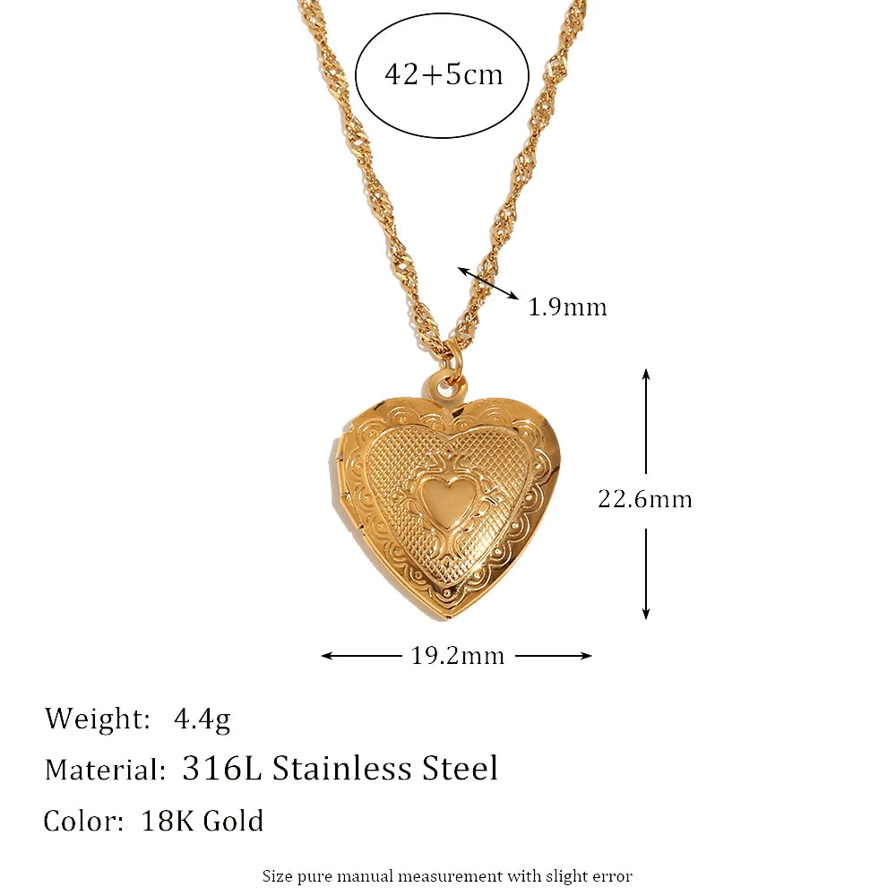 E.B.belle Flower Pattern Hollow Heart Photo Box Pendant Necklace For Women Stainless Steel Jewelry 18K Gold Plated Souvenir Gift