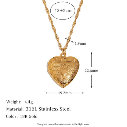 E.B.belle Flower Pattern Hollow Heart Photo Box Pendant Necklace For Women Stainless Steel Jewelry 18K Gold Plated Souvenir Gift