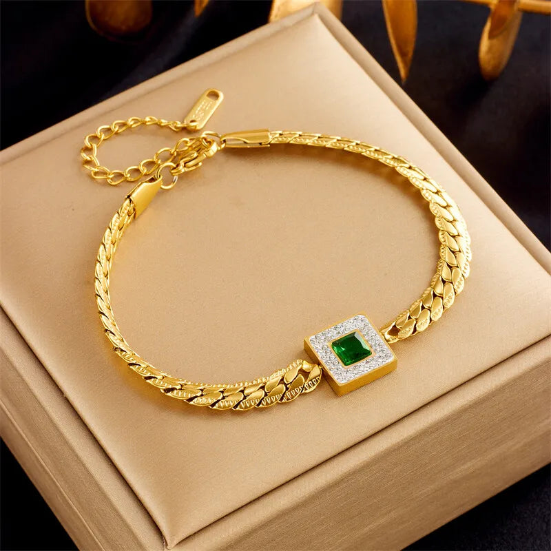 Stainless Steel New Fashion Fine Jewelry Embed Zircon Square Green Crystal Charm Thick Chain Imprint Bracelets For Women