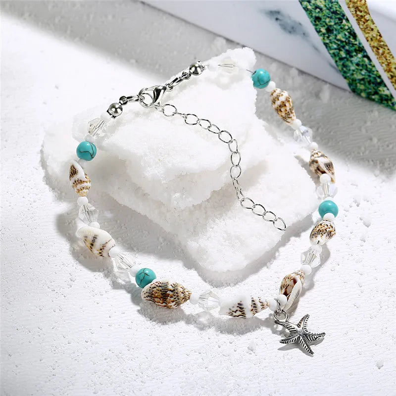 Modyle New Beads Anklets for Women Silver Color Starfish Beach Leg Bracelet Handmade Bohemian Foot Chain Boho Jewelry Gift