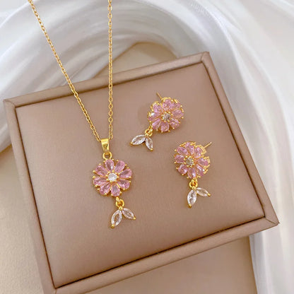 DIEYURO 316L Stainless Steel Butterfly Flower Bowknot Necklace Earrings For Women Girl New Concise Trendy Jewelry Set Gift Party
