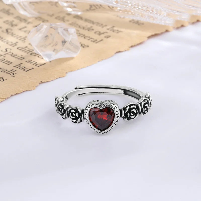 Romantic Love Heart Red Crystal Rose Flower Retro Thai Silver Female Finger Ring For Women Hand Jewellery Accessories