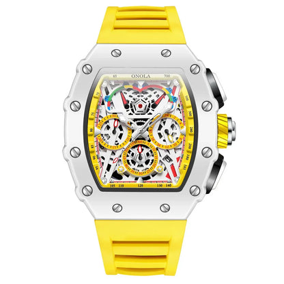 ONOLA Fashion Mens Tonneau Watches Waterproof Chronograph Quartz Clock Sports Silicone Strap White Wristwatch Luxury 2024 New