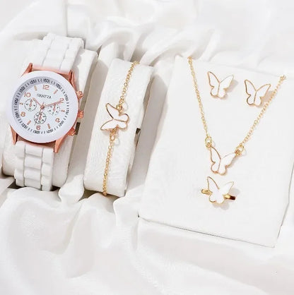 5PCS Set Luxury Watch Women Ring Necklace Earrings Pearl Rhinestone Wristwatch Female Casual Ladies Watches Bracelet (No Box)
