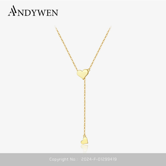 ANDYWEN 925 Sterling Silver Gold Adjustable Chain Heart Pendant Charm Necklace Drop Choker Resizable Women Luxury Jewekry