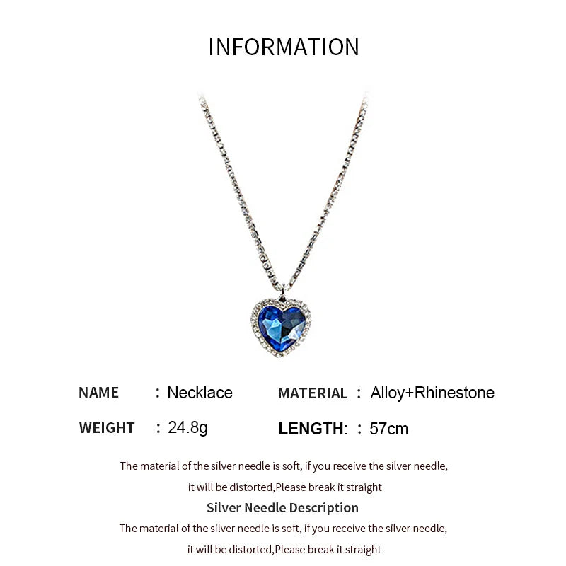 Titanic Heart Of Ocean Blue Crystal Love Heart Pendant Necklace for Women Full Rhinestone Chain Collar Lover Forever Jewelry