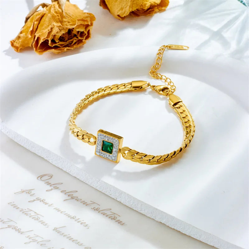 Stainless Steel New Fashion Fine Jewelry Embed Zircon Square Green Crystal Charm Thick Chain Imprint Bracelets For Women