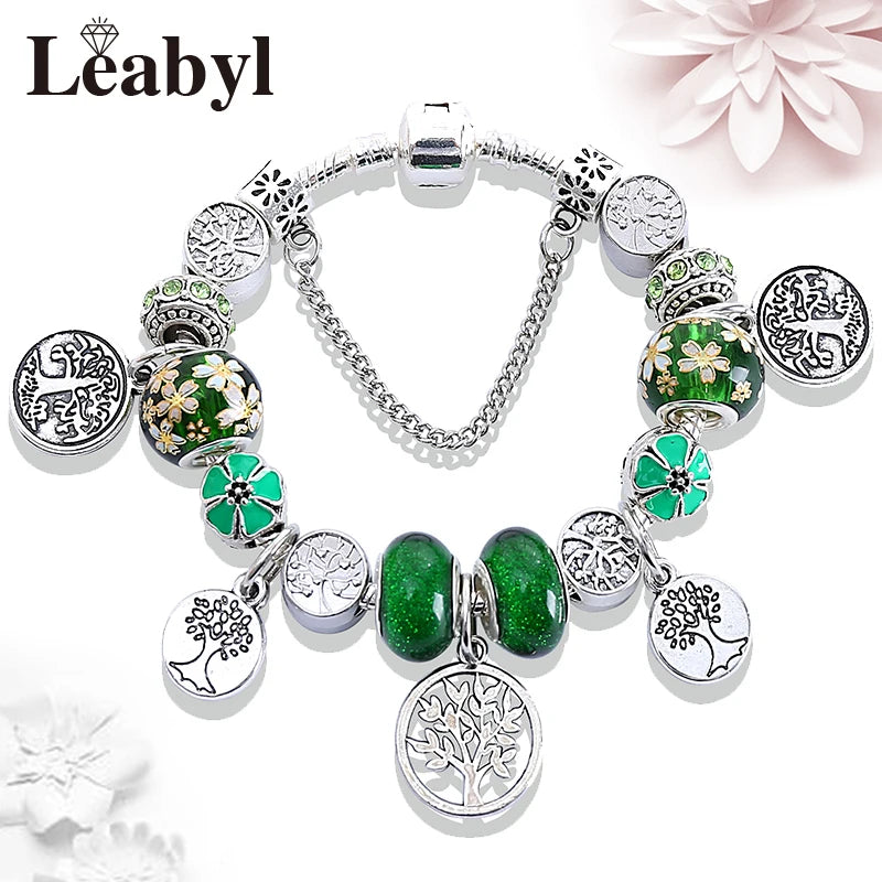 Antique Tibetan Silver Tree of Life Charm Bracelets Green Crystal Flower Bead Bracelet with Heart Diy Jewelry Pulsera Mujer