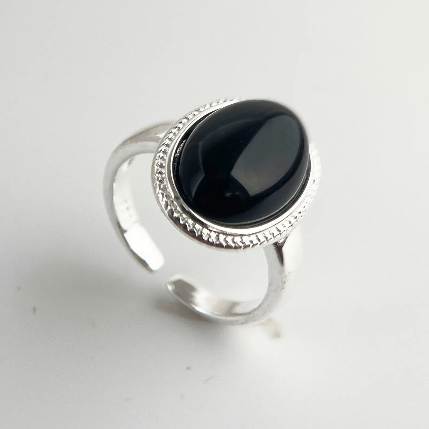 925 Sterling Silver Rings For Women Men Couple Minimalist Handmade Simple Oval Black Stone Ring For Birthday Party Gift