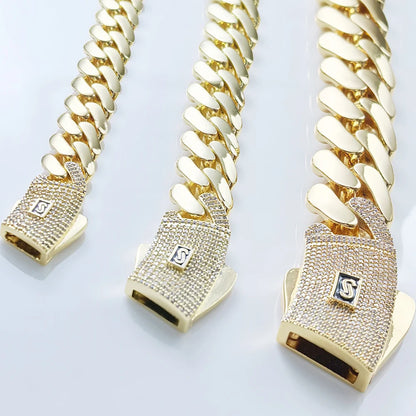 HHIOK Hot Sale Monaco 14k Gold Plated Mans Chain Iced Out Clasp Necklace Miami 12/15/20mm Brass Cuban Link Chain for Men