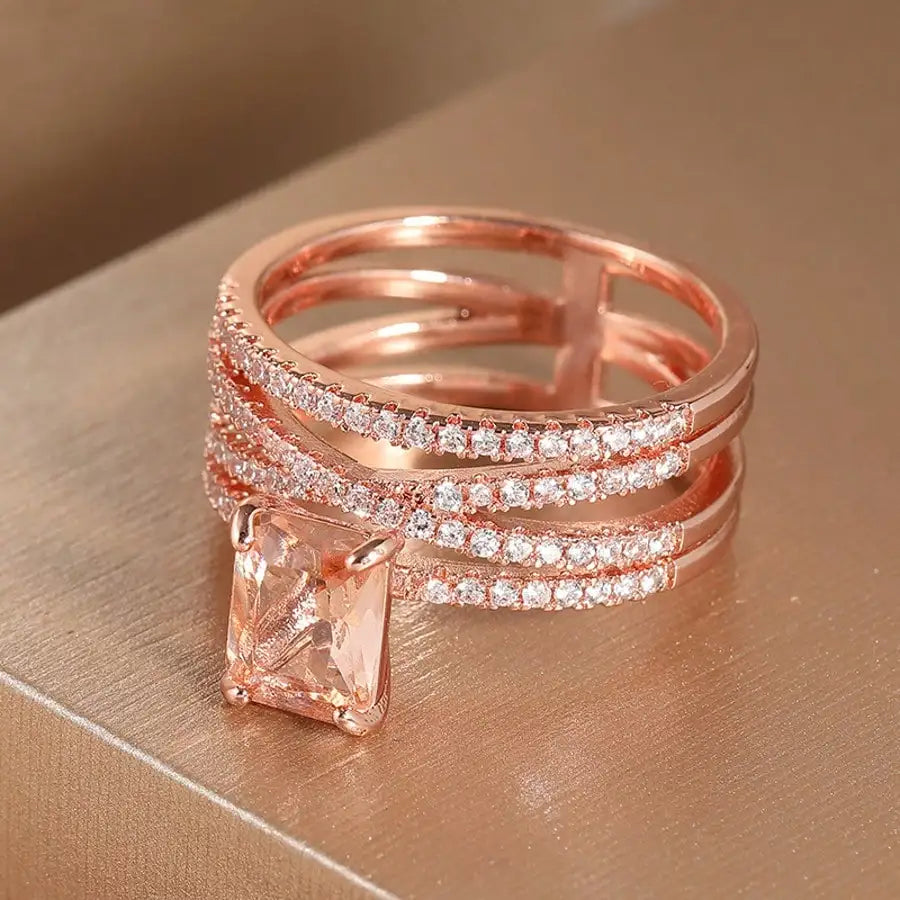 Fashion Multilayer Morganite Ring Rose Gold Color Champagne crystal stone Rings for Women Wedding Band Jewelry Mother days Gifts