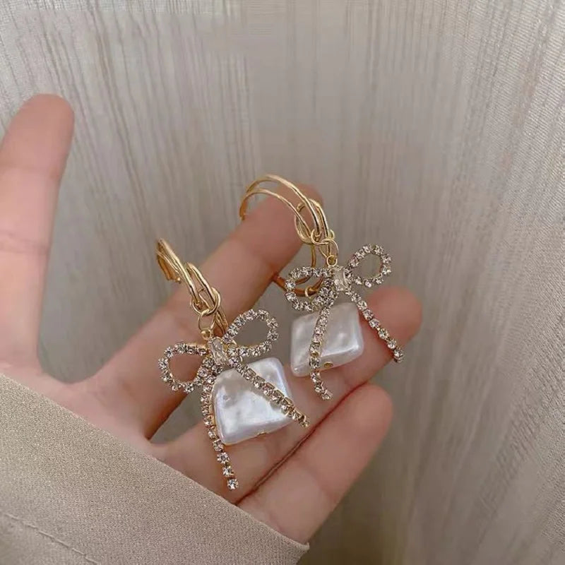 Korean Elegant Rhinestone Bowknot Drop Earrings for Women Girls Fashion Long Tassel Pearl Pendientes Weddings Party Jewelry