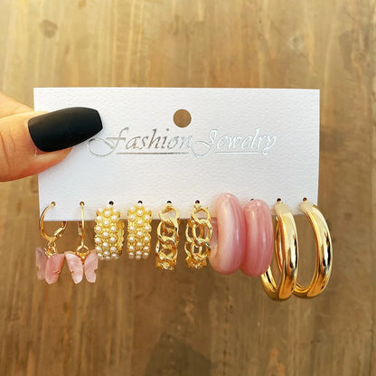 New European and American Earring Set for Women Gold Color Minimalist Big Circle Butterfly Heart Pearl Earrings Jewelry Gifts