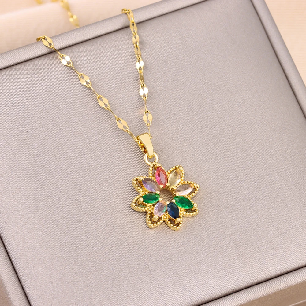 Trendy 18K Gold Plated Zircon Crystal Pendant Stainless Steel Necklace For Women Female Clavicle Chain Jewelry Lady Accessories