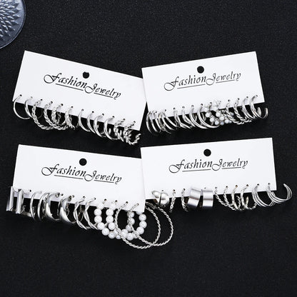 24 Pcs Fashion Vintage Hoop Earrings Set for Women Boho Metal Circle Geometric Twist Pearl Studs Earrings Trendy Jewelry Gifts