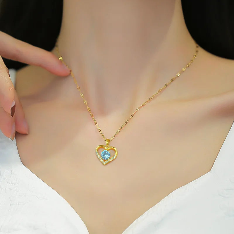 Trendy Heart Stainless Steel Zirconia Necklaces for Women Girls Love Gold Color Metal Necklace Party Birthday Daily Jewelry