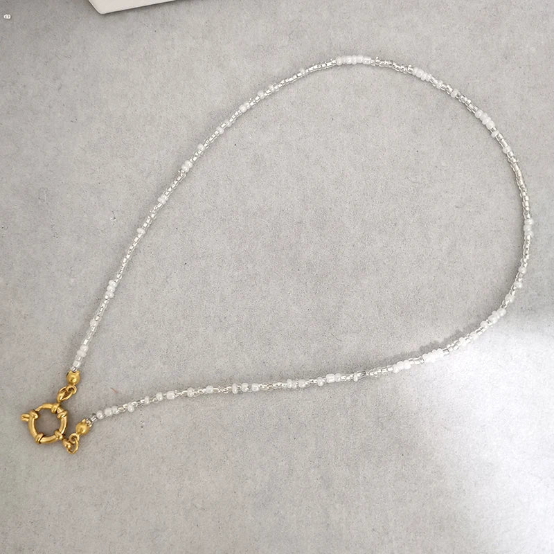 QMHJE Imitation Pearl Necklace Women Choker Seed Beads Rainbow Stainless Steel Clasp Sailor Buckle Base Chain Gold Color Boho