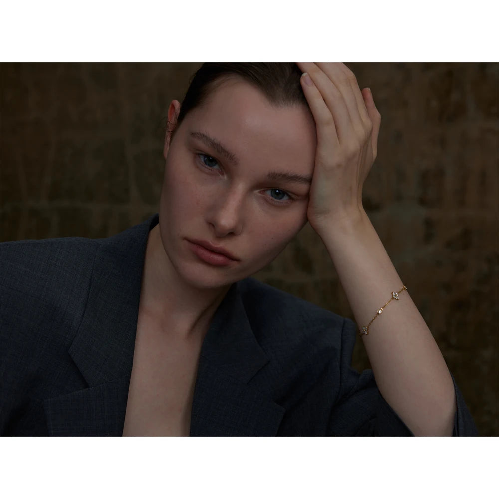 Yhpup Delicate Cubic Zirconia Flower Chain Thin Bracelet Bangle Stainless Steel Rust Proof Office Ladies Chic Jewelry New Gift