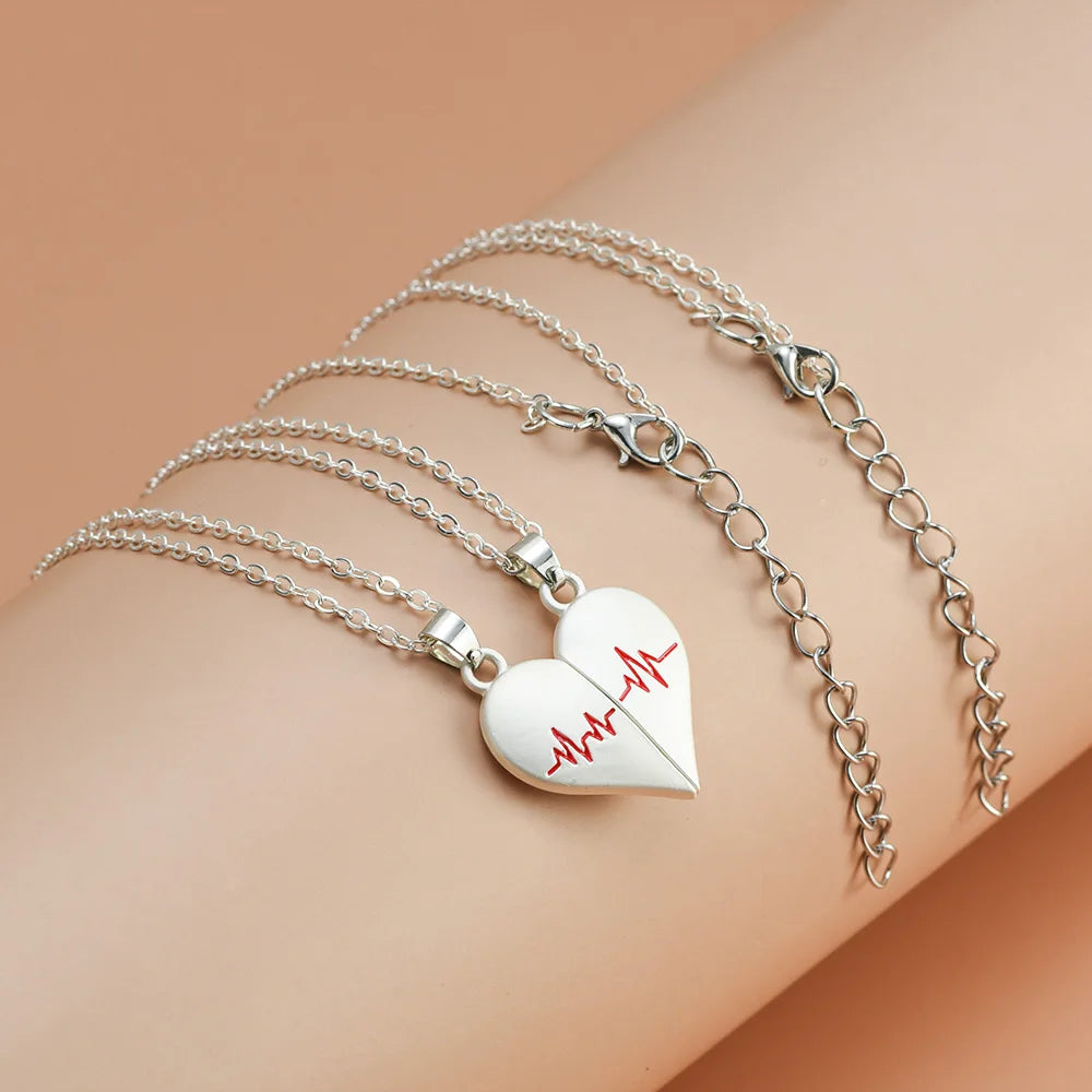 2Pcs Electrocardiogram Couple Necklaces for Lovers Boys Girls Stainless Steel Magnetic Heart Pendant Jewelry Valentines Day Gift