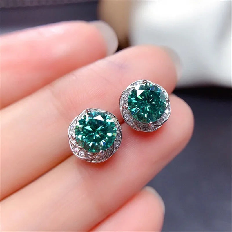 925 Sterling Silver Green Round CZ Stud Earrings  Flower Shape Simple Elegant Women's Ear Piercing Accessories New Jewelry