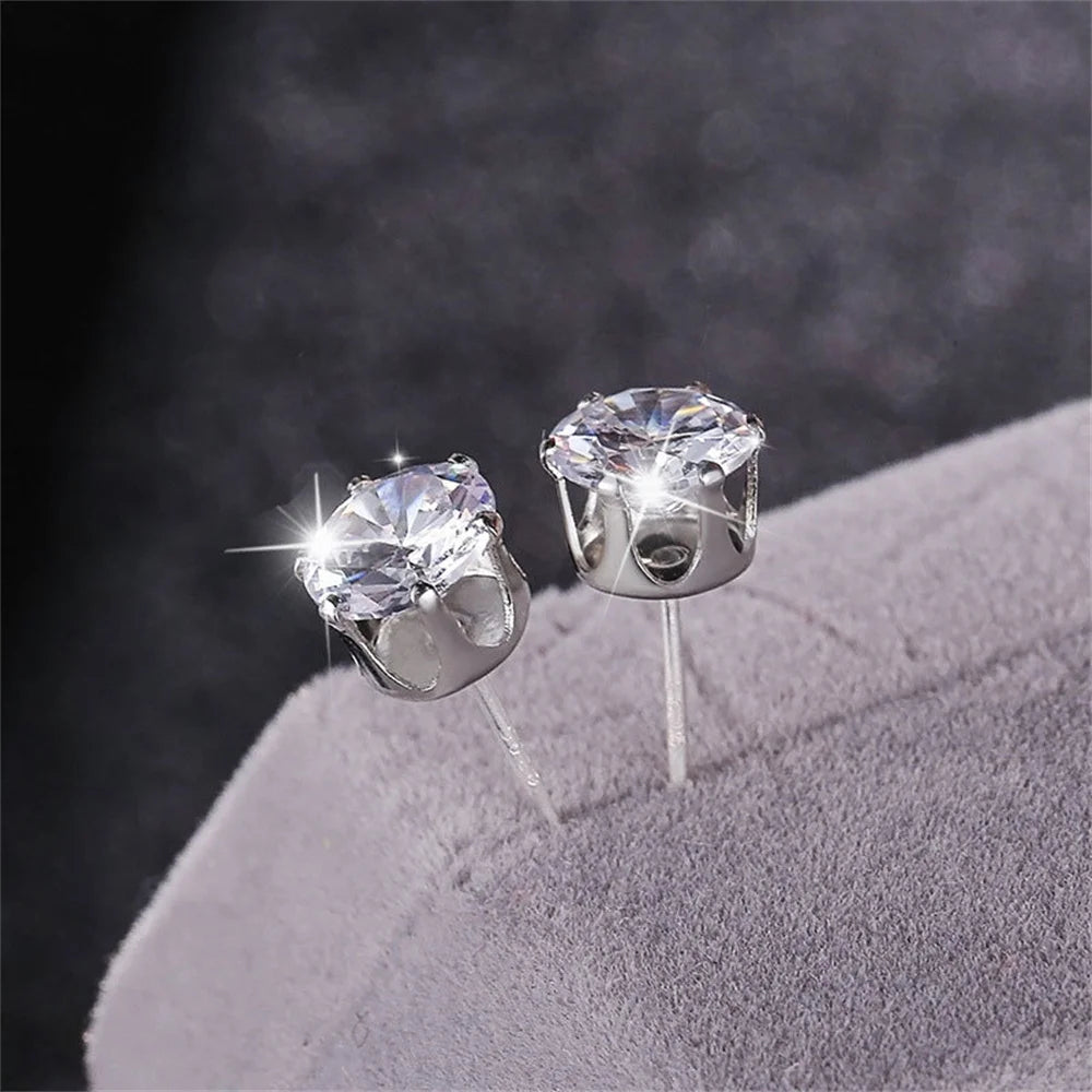 Men's Zircon Silver Color Stud Earrings Hip Hop Rhinestone Earring For Women Men's Street Jewelry Elegant Fashion Accessories
