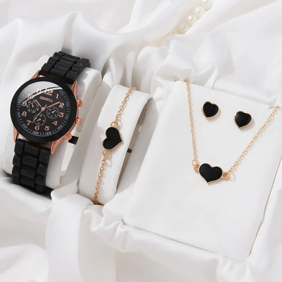 5PCS Set Luxury Watch Women Ring Necklace Earrings Pearl Rhinestone Wristwatch Female Casual Ladies Watches Bracelet (No Box)