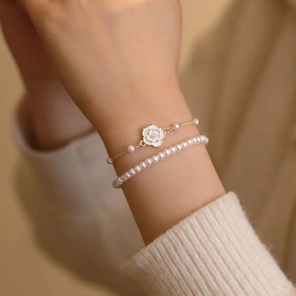 Vintage White Camellia Flower Bracelets For Women Elegant Double Layer Simulated Pearl Beads Chain Bracelet Jewelry 2025 Trend
