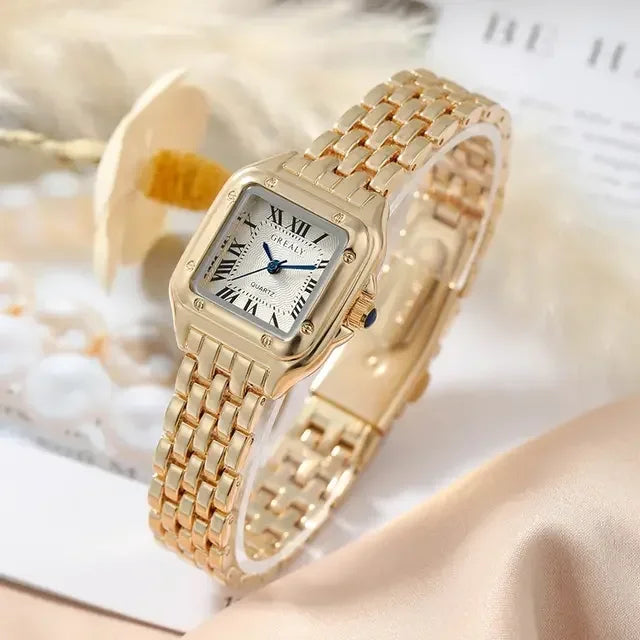 New Women's Fashion Square Watches Gold Alloy Strap Luxury Ladies Quartz Wristwatches Qualities Female Roman Scale Clock Gift