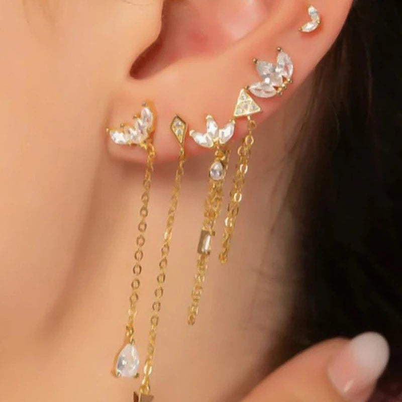 925 Sterling Silver Needle Vintage Gold Earrings Luxury Long Chain Tassel Crystal Hoop Earrings for Women Party Trend Jewelry