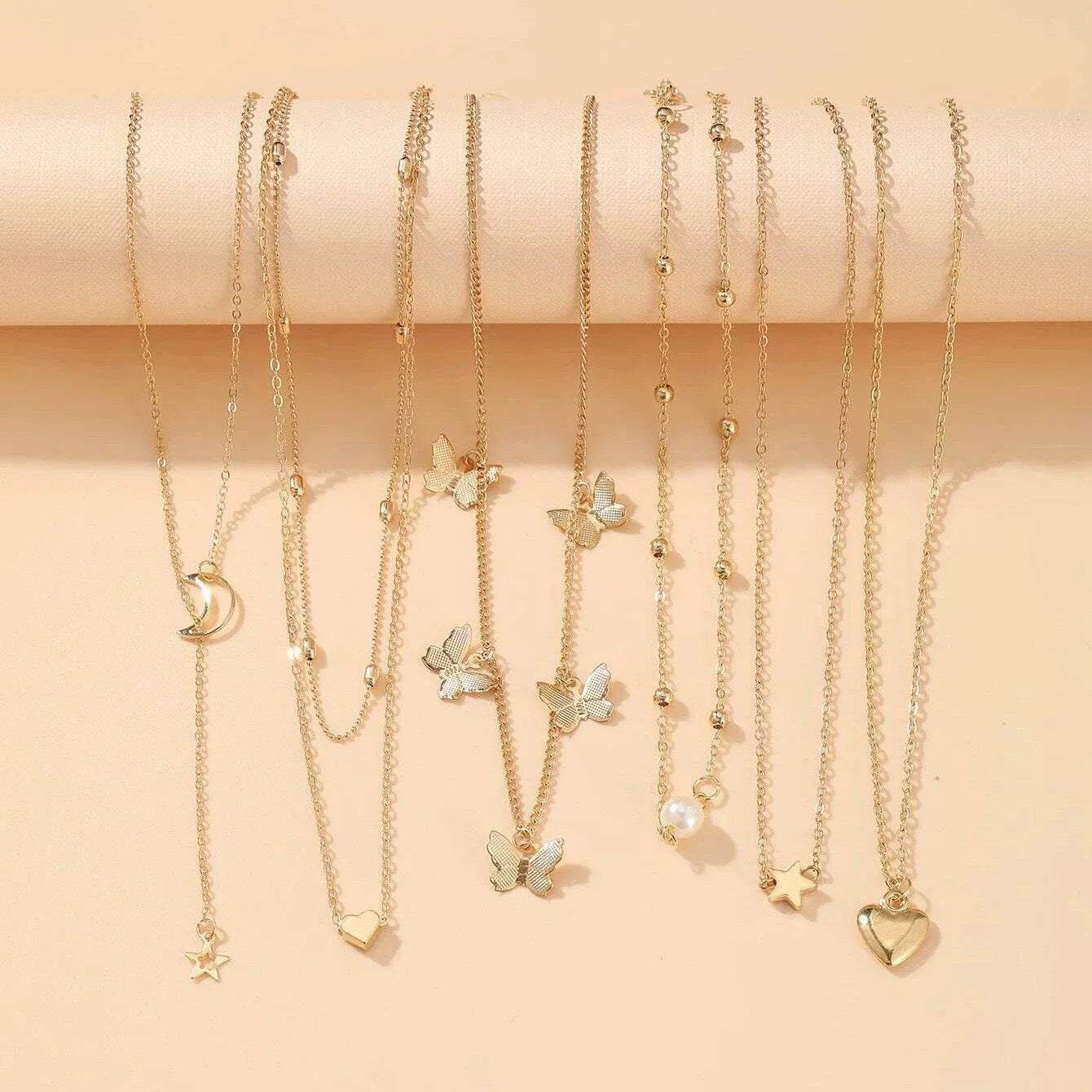 Simple Metal Geometric Butterfly Love Star Earrings Necklace Ring Fashion Jewelry Sets for Women Daily Wear Party Vacation Gifts