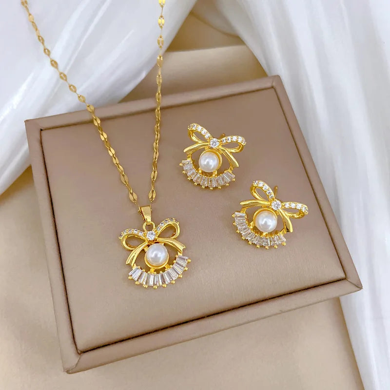 DIEYURO 316L Stainless Steel Butterfly Flower Bowknot Necklace Earrings For Women Girl New Concise Trendy Jewelry Set Gift Party