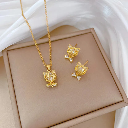 DIEYURO 316L Stainless Steel Butterfly Flower Bowknot Necklace Earrings For Women Girl New Concise Trendy Jewelry Set Gift Party
