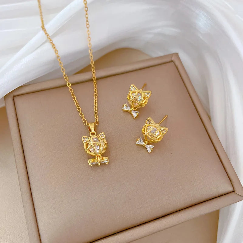 DIEYURO 316L Stainless Steel Butterfly Flower Bowknot Necklace Earrings For Women Girl New Concise Trendy Jewelry Set Gift Party