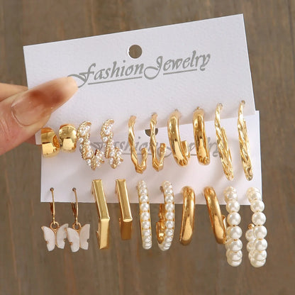 New European and American Earring Set for Women Gold Color Minimalist Big Circle Butterfly Heart Pearl Earrings Jewelry Gifts