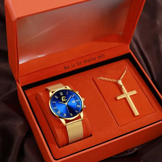 2PCS Set Fashion Mens Calendar Watches Luxury Men Business Golden Mesh Belt Quartz Watch Male Necklace Wristwatch